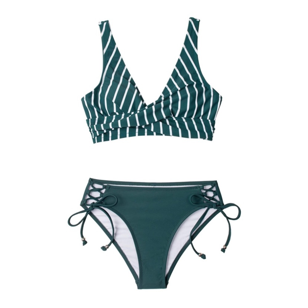NWT ✨ Cupshe Green & White Striped Lace-Up Back Cheeky Side Tie 2 Piece Bikini